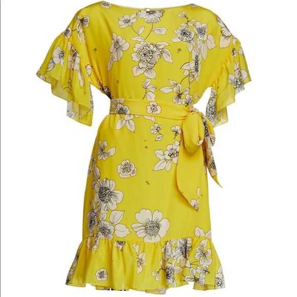 Alice and Olivia Ellamae Flutter-Sleeve Yellow Floral Dress - Picture 1 of 7